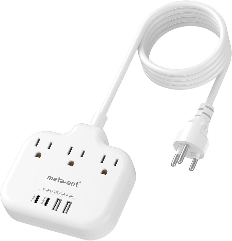 meta-ant Thailand Power Adapter with 4FT Extension Cord, Thailand Plug Adapter with 3 American Outlets 4 USB Ports(2 USB-C), Type O Adapter for US to Thailand - Image 1